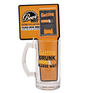 Harvey Makin 16oz Glass Beer Tankard & Bottle Opener Set 'Getting Drunk (Loading) Please Wait'