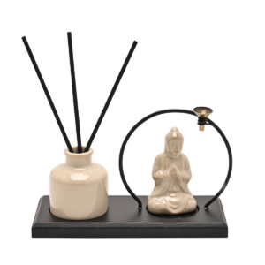 Serenity Buddha Incense & Diffuser Holder Gift Set - Cream with Black Base